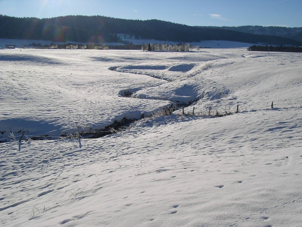 Ruisseau coupant à travers champ en hiver